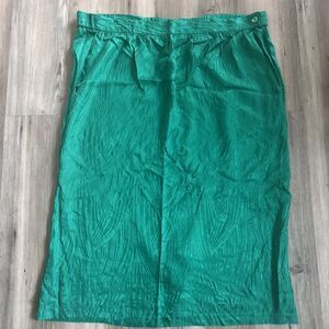 Vintage Green 100% Silk Midi Skirt Pockets Back Slit Old Money Classic Size 18W